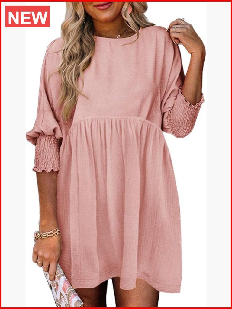 Empire Waist Babydoll Mini Dress 3/4 Sleeve Crew Neck Flowy A-Line